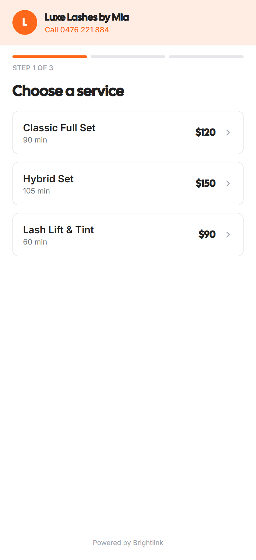 A client picking a service on the BrightLink booking page