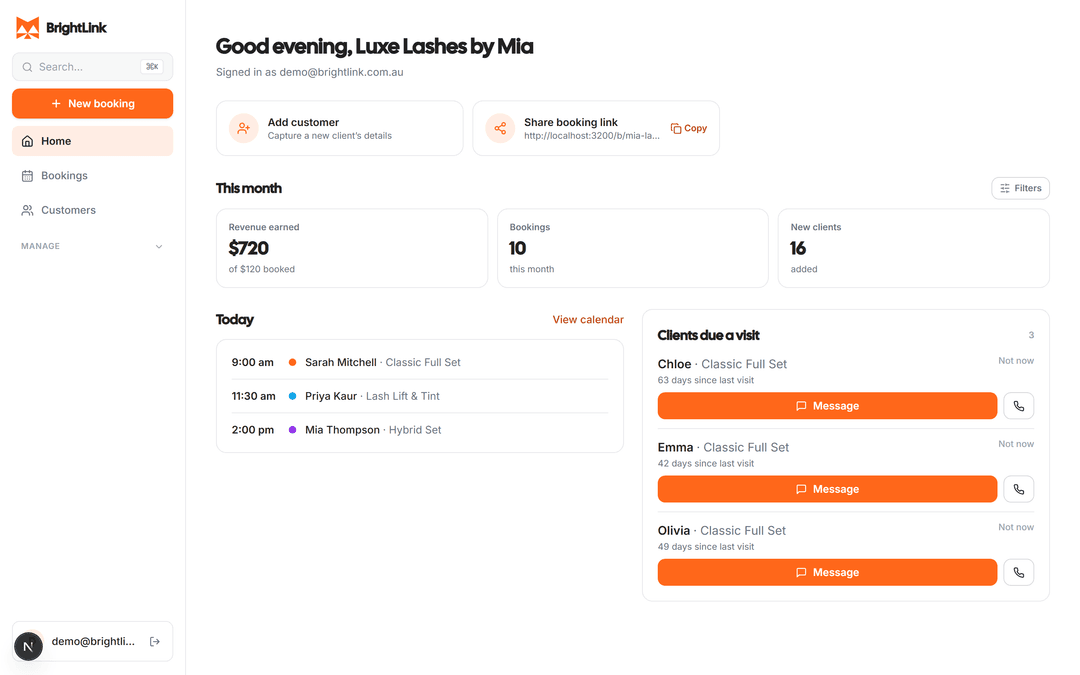 The BrightLink owner dashboard with today's appointments and stats