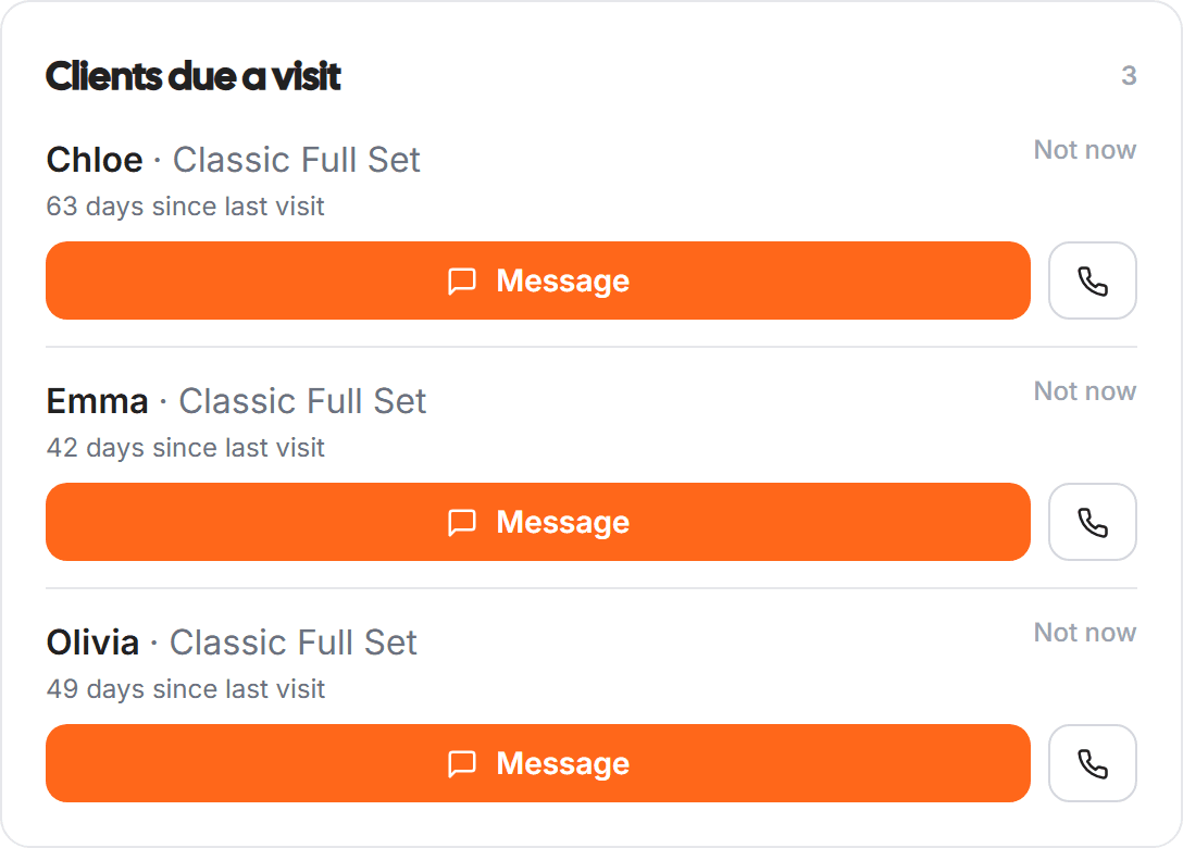 The clients-due-a-visit card prompting one-tap rebooking