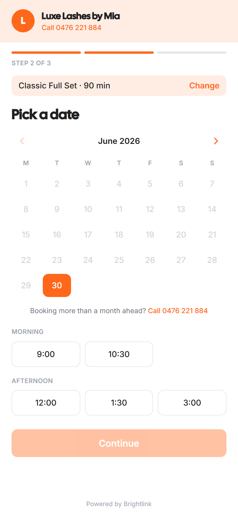 The BrightLink booking calendar showing open dates and time slots