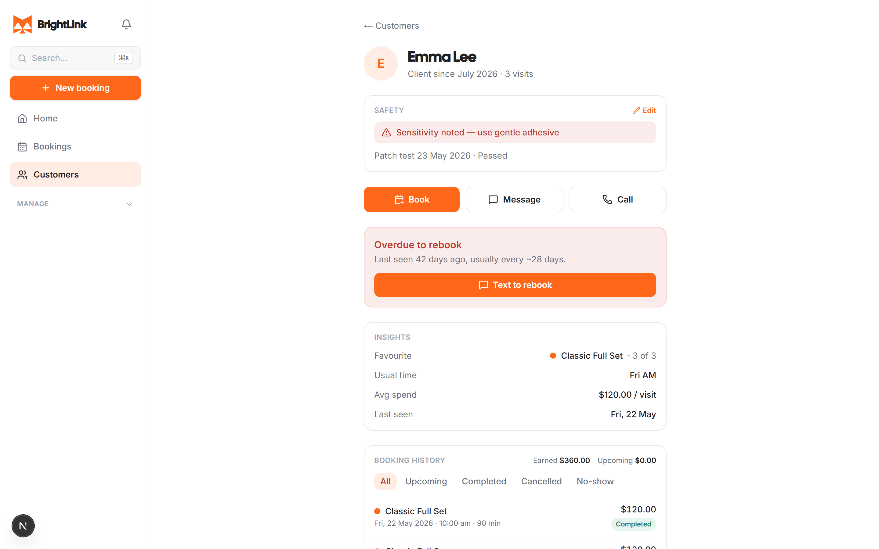 A client card — safety note flagging a sensitivity with a passed patch test, plus rebooking prompt and visit insights