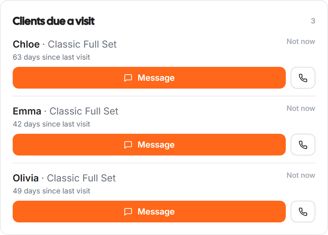 The clients-due-a-visit card prompting rebooking