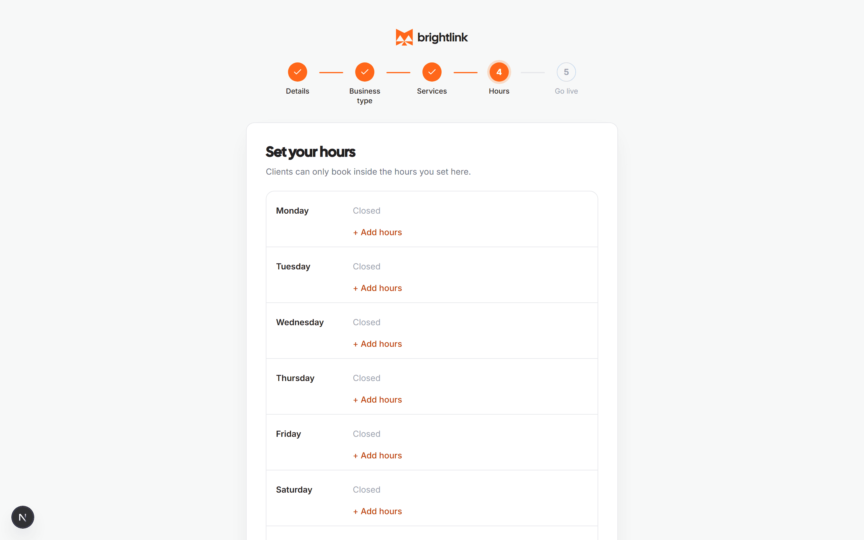 The guided setup wizard on the Set-your-hours step, with the five-step progress bar above